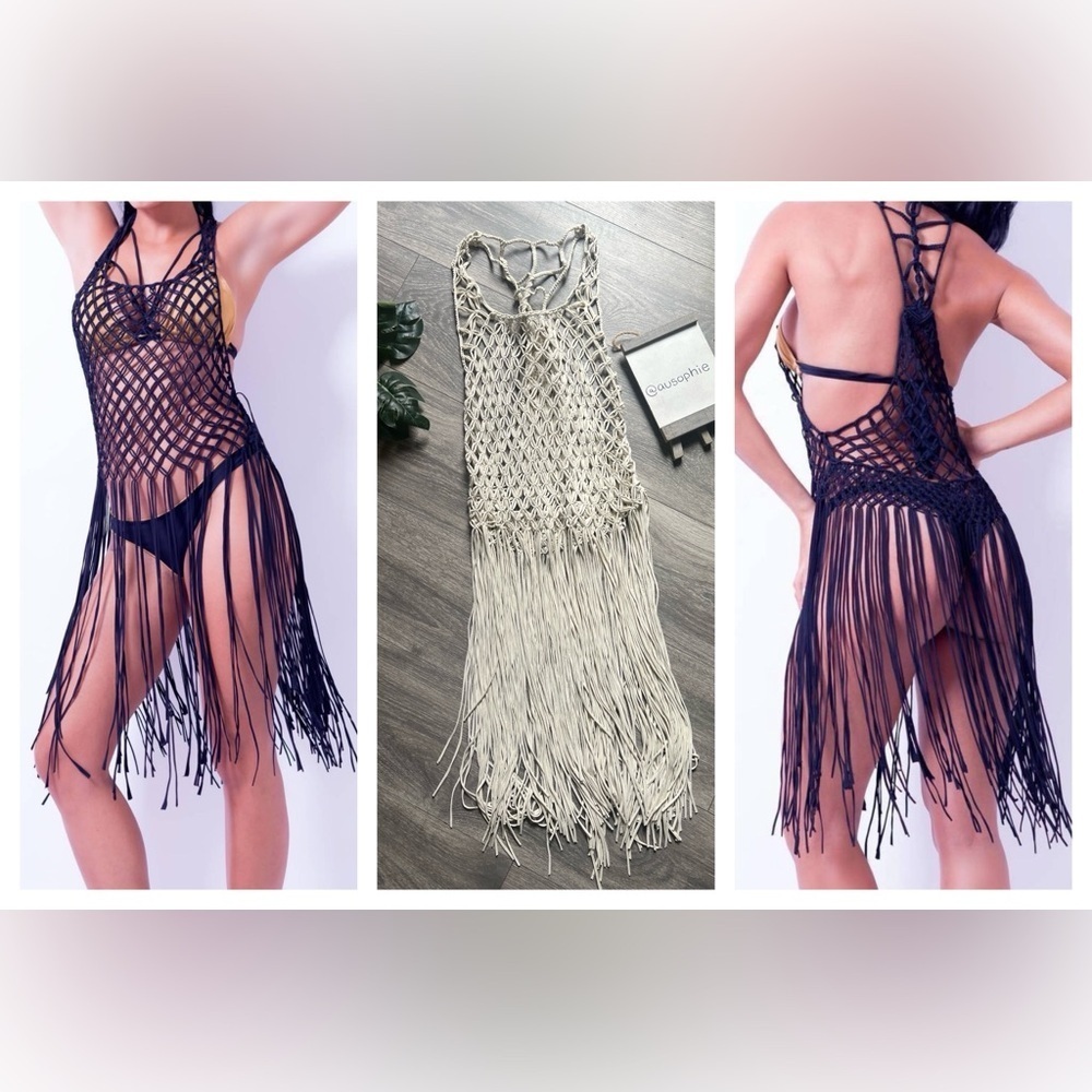 Charmosa Bohemian Ana Macrame Fishnet Fringe Crochet Beach Cover-Up in Cream O/S
